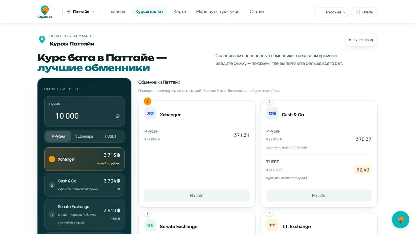 Страница курса бата: калькулятор и сравнение обменников