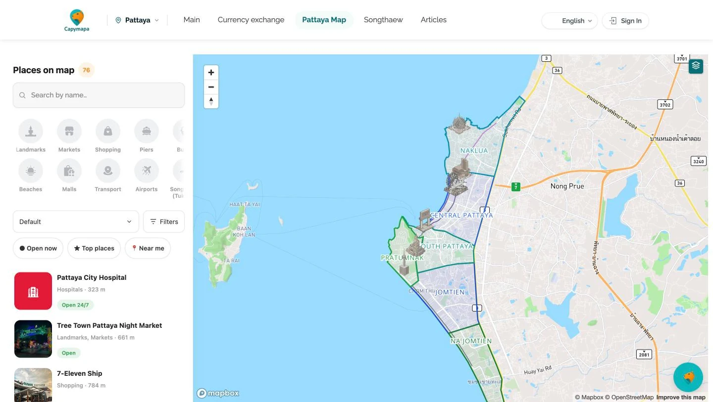 Capymapa map of Pattaya: districts, categories, filters