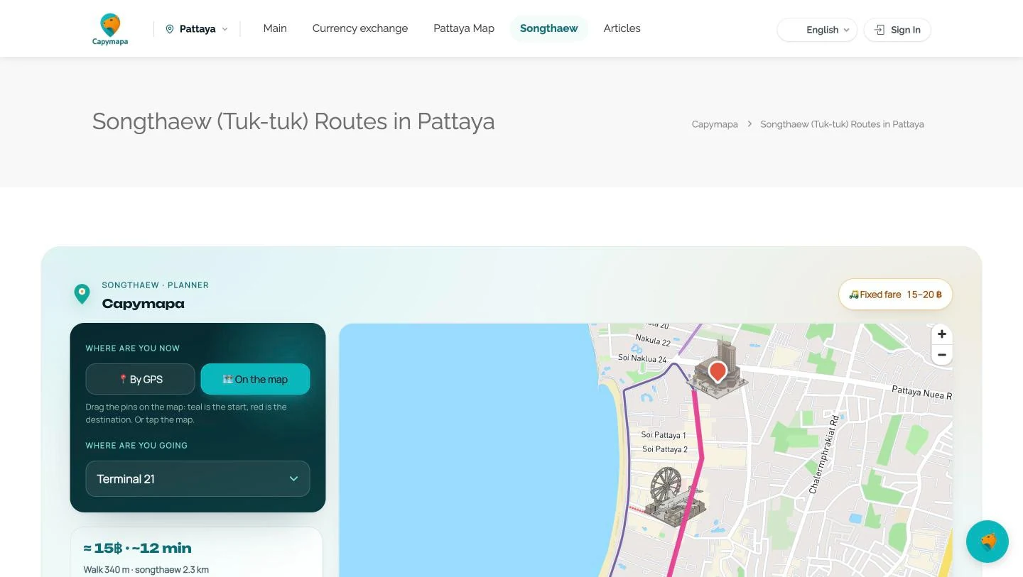 Songthaew route planner on the map