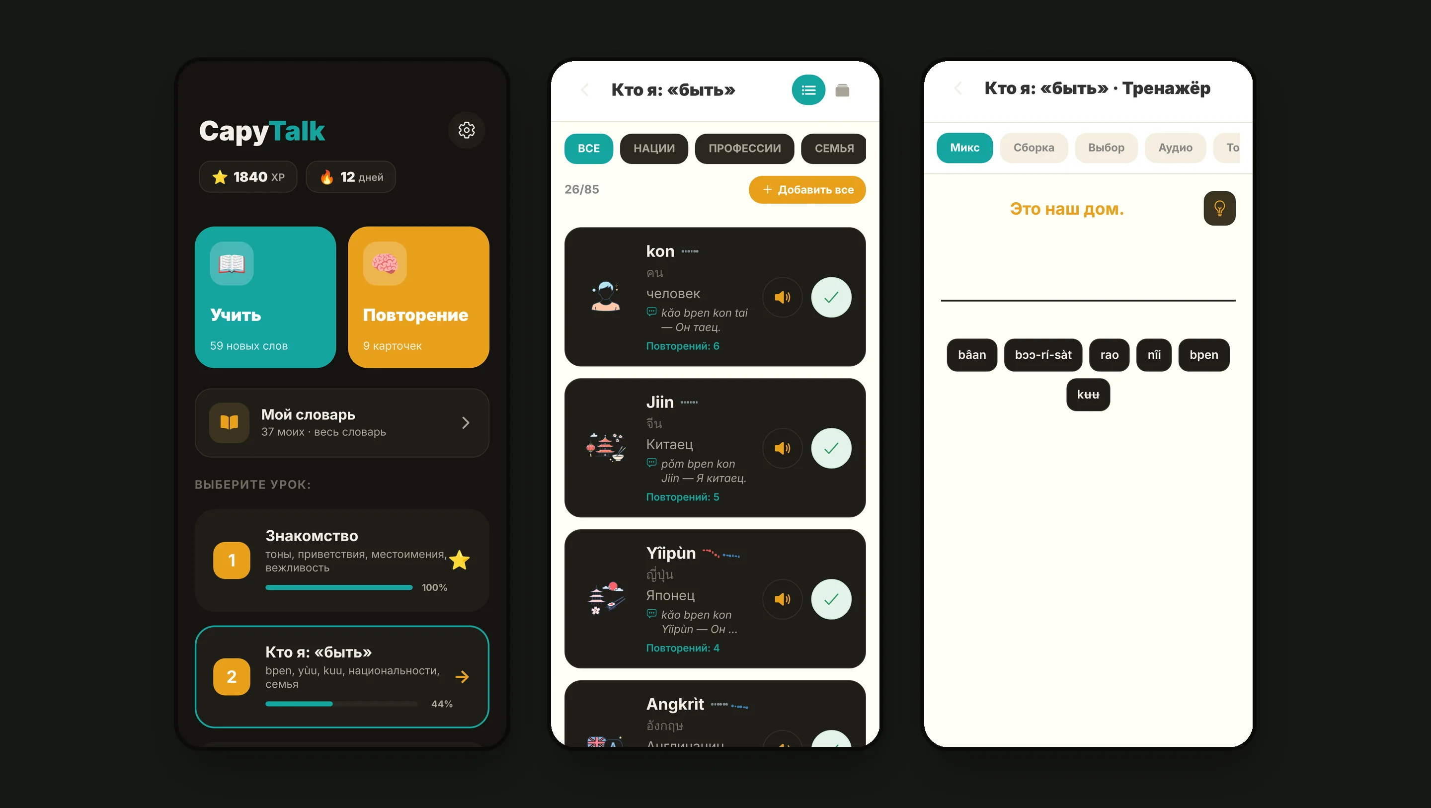 Home, vocabulary and practice in dark mode