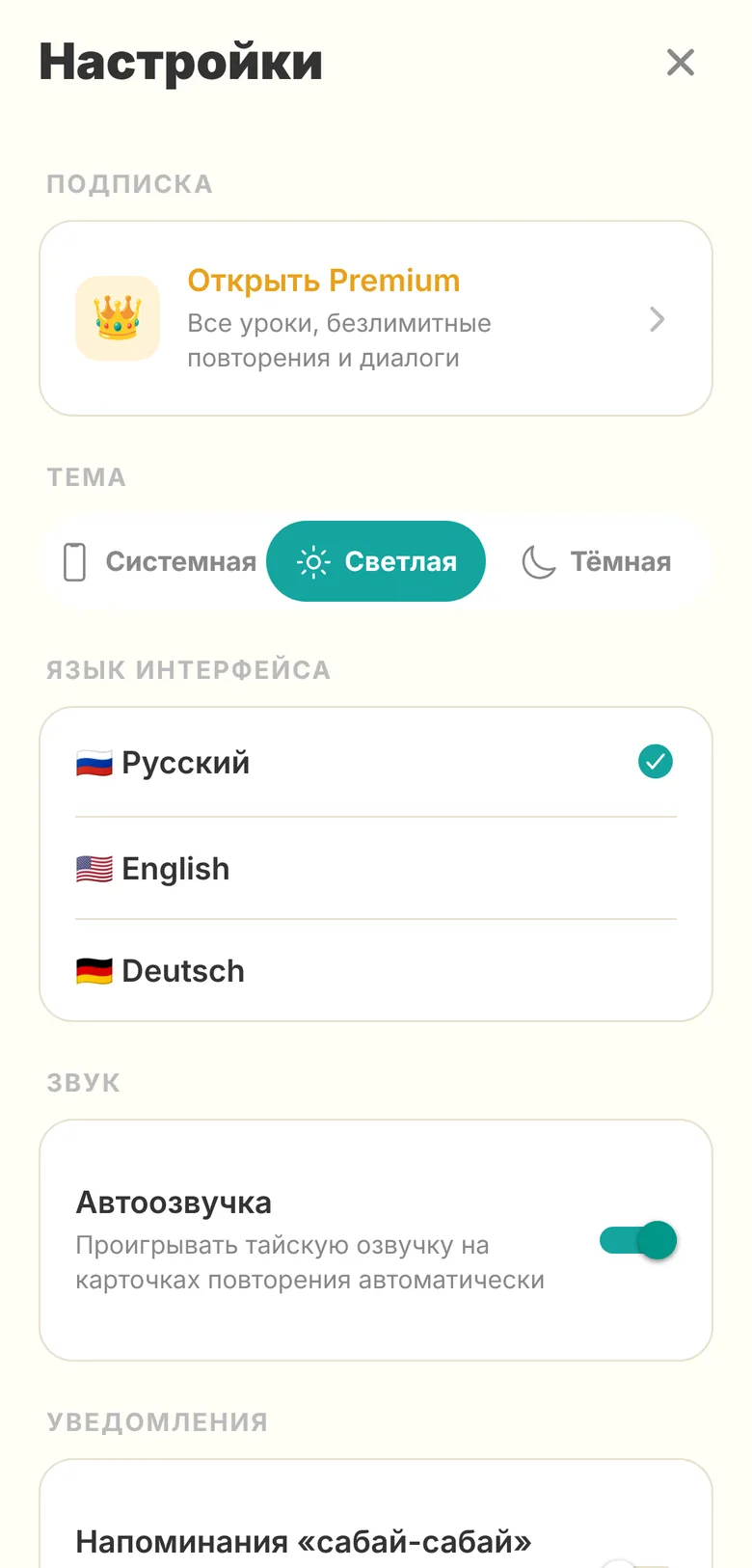 Settings: subscription, theme, language and audio