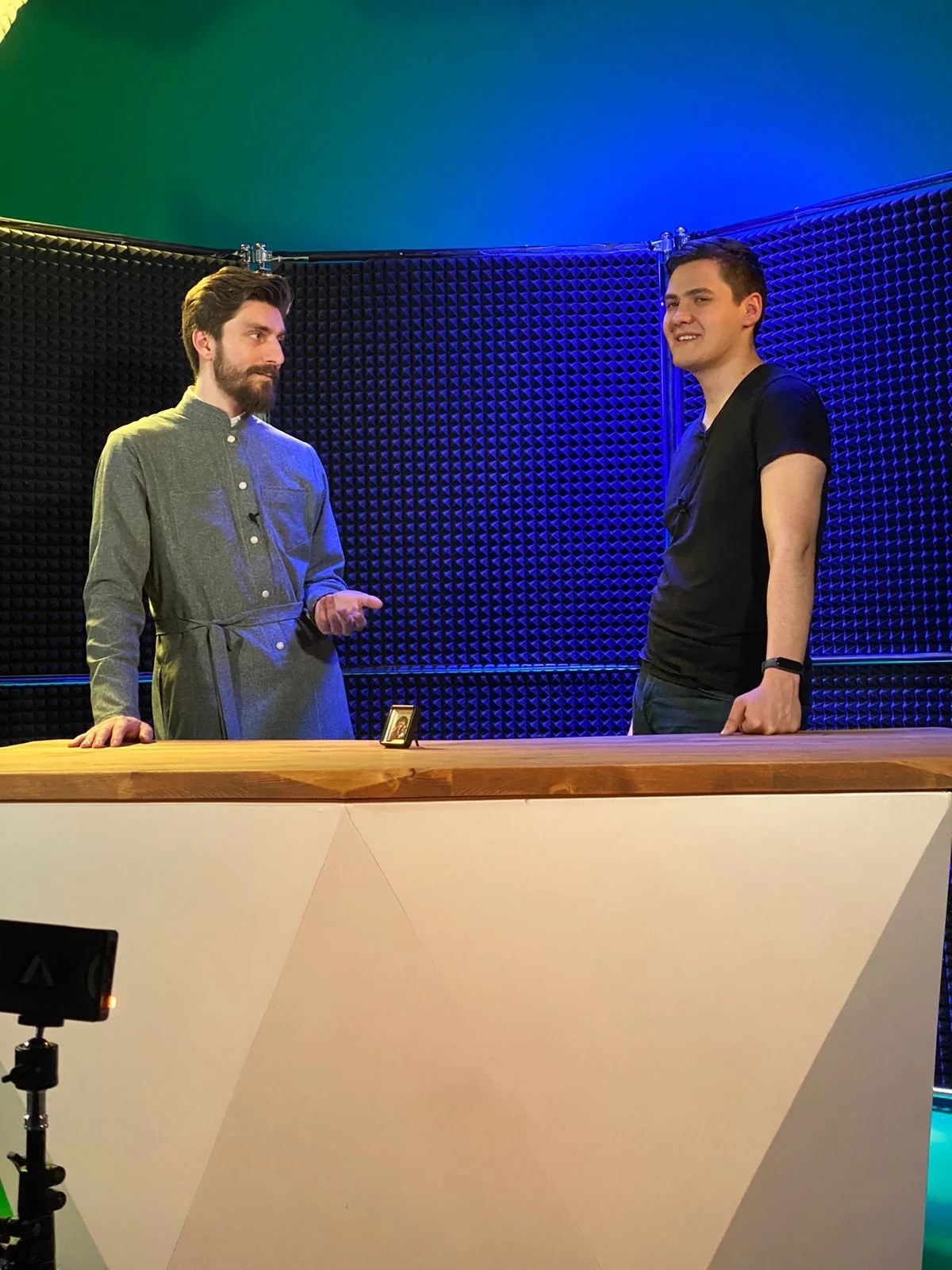 Behind the camera: the priest and me on the Unboxing set.